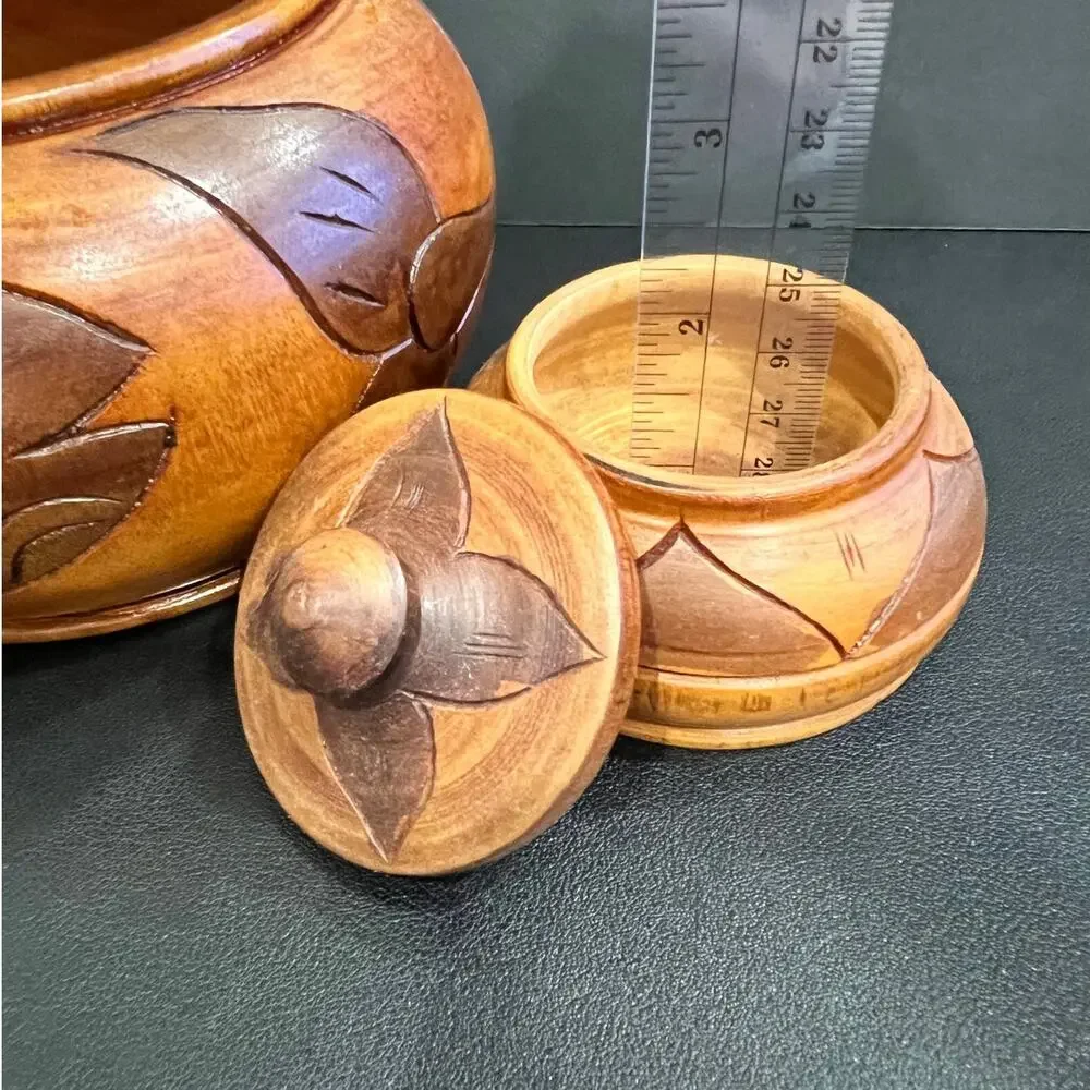 Haitian Hand-Carved Two Toned Monkey Pod Wood Lidded Bowls Vintage Folk Art Fish